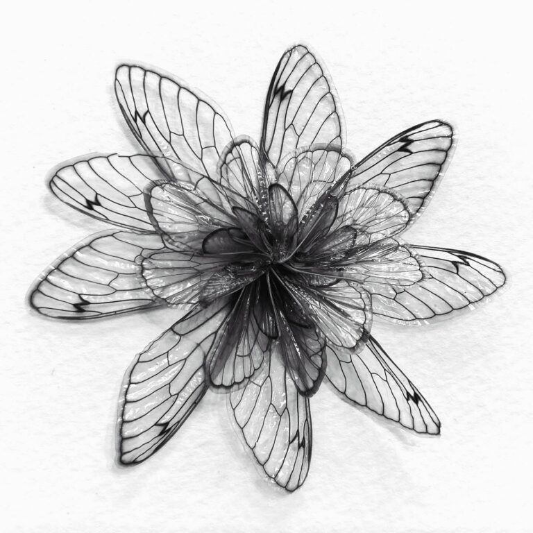 A flower made from overlapping transparent insect wings on a white background.