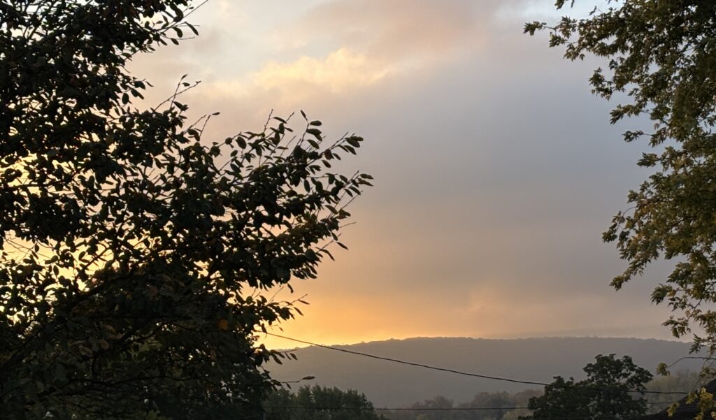 Trees frame a cloudy sunset over distant hills with soft orange light and power lines visible below.