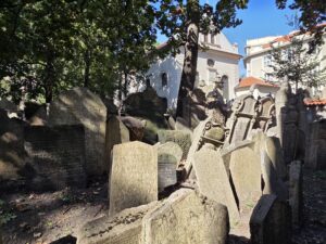 Old, weathered gravestones crowded together under trees near historic buildings on a sunny day.