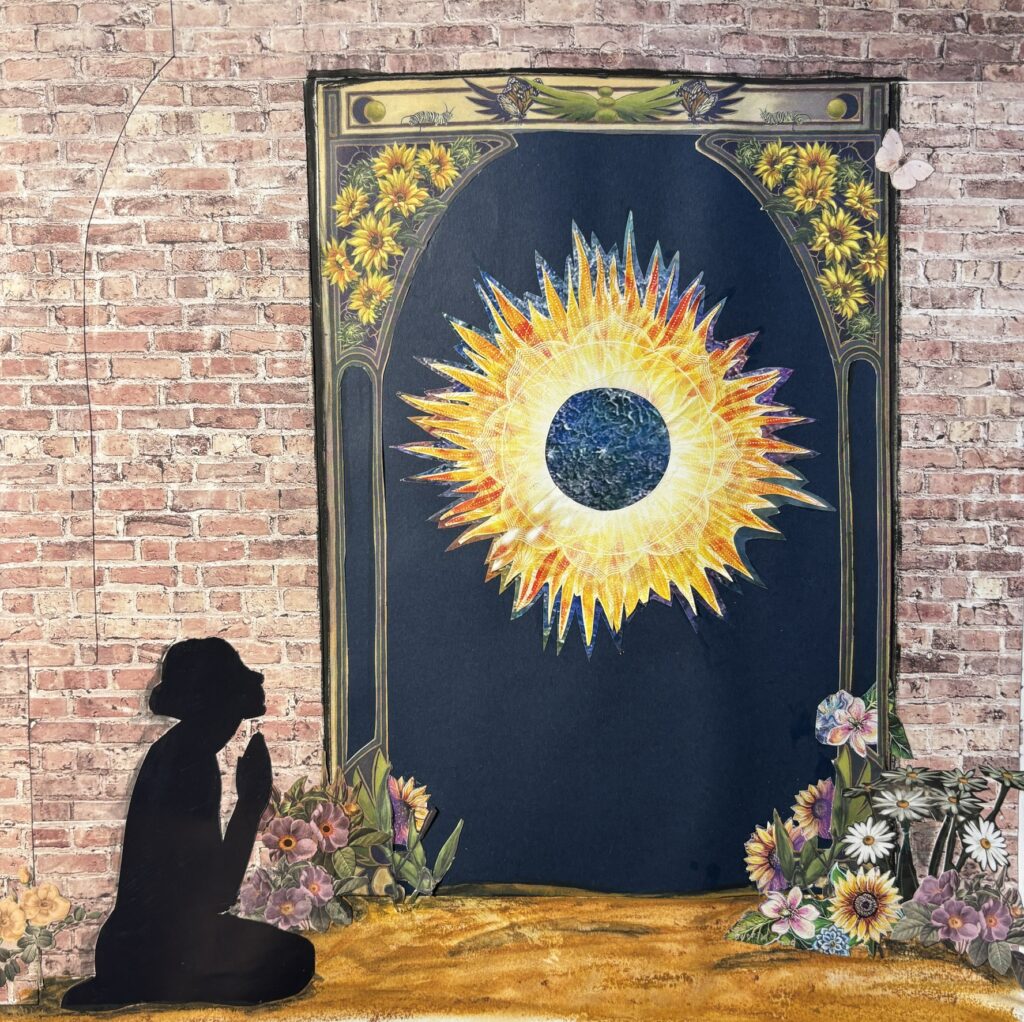 A silhouette kneels before a glowing sun within a floral arch against a brick wall, with flowers and a butterfly.
