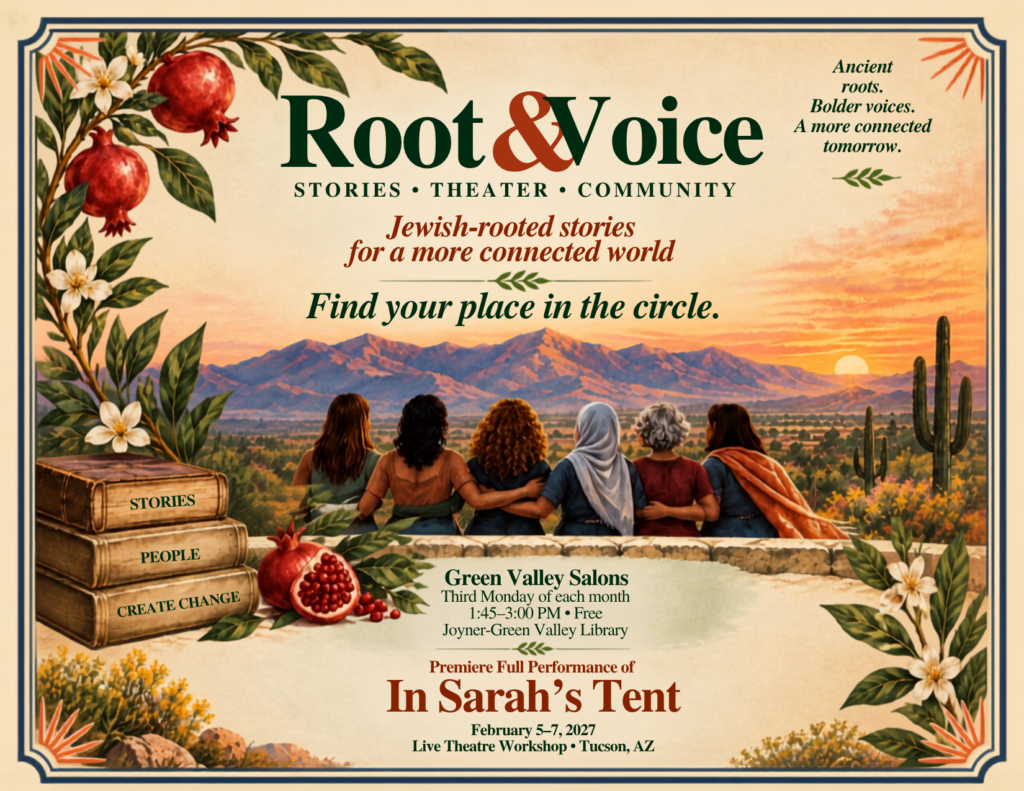 Three people sit under a tree at sunset with pomegranates, event details, and the title Root & Voice..