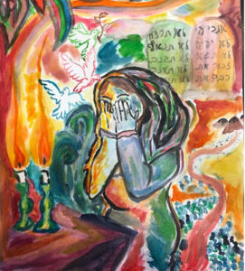 A woman covers her face near candles, with doves, Hebrew text, and colorful abstract shapes around her.