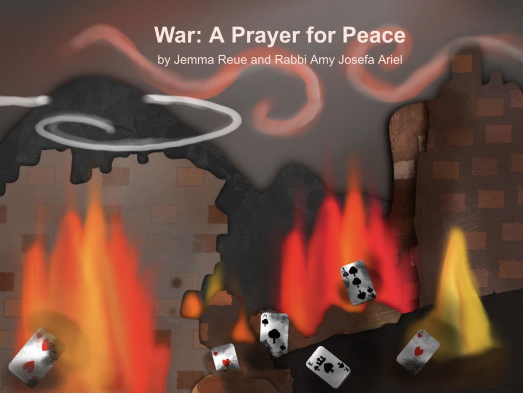 Playing cards fall amid flames and smoke with dark buildings; title text reads, War: A Prayer for Peace..