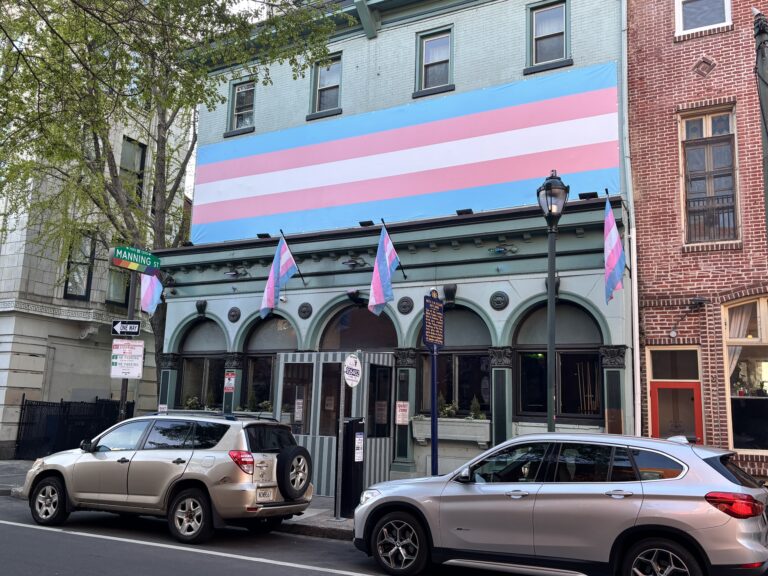 A building facade draped with a large transgender pride flag and three smaller transgender flags.