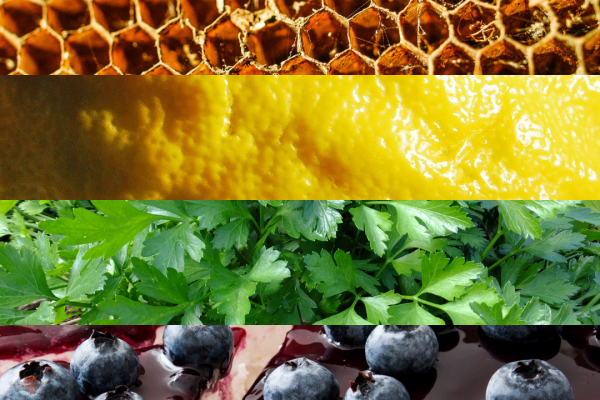 Close-up of bubbles, honeycomb, lemon peel, parsley, blueberries on cheesecake, and braided candy in stripes.