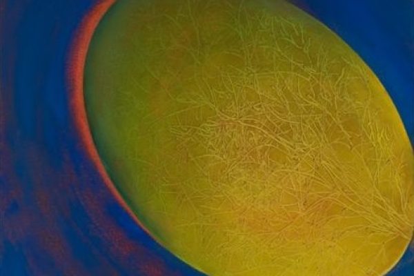 Abstract yellow-green oval with fine lines, surrounded by deep blue and red swirling patterns.