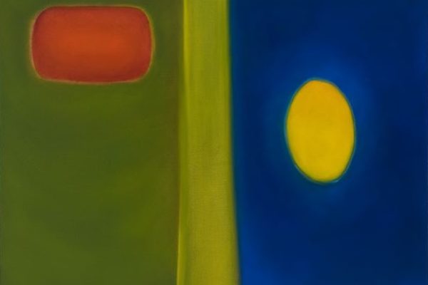 Abstract painting: red rectangle on green left side, yellow oval on blue right side, divided by a vertical yellow stripe.