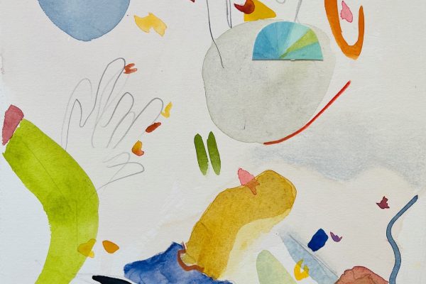 Abstract watercolor art with colorful shapes, outlines of hands, and scattered leaf-like elements on a white background.