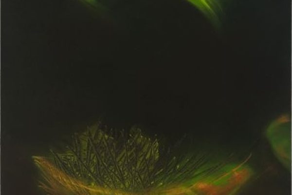 Abstract green and yellow shapes on a dark background, creating a glowing, organic effect.