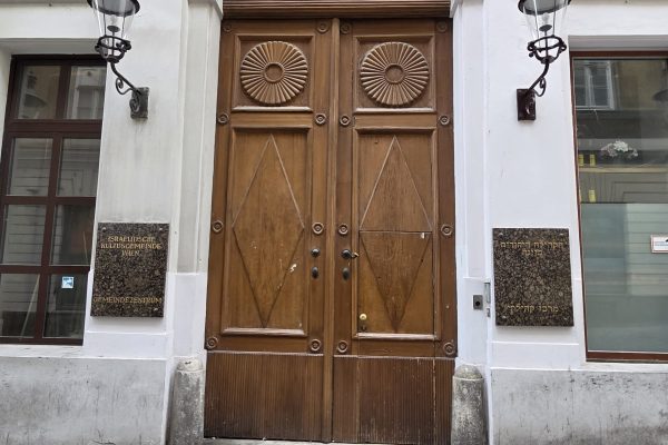Tall wooden double doors with carvings, flanked by lamps, on a cobblestone street.