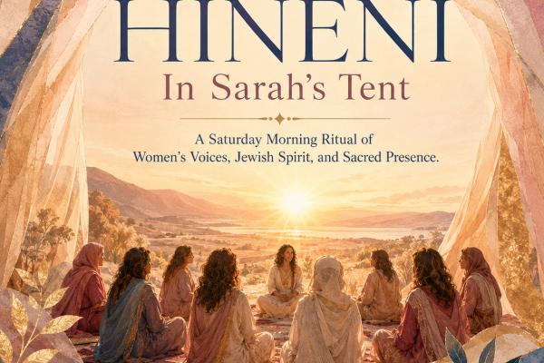 Women sit in a circle inside a colorful tent at sunrise, with HINENI In Sarahs Tent written above.