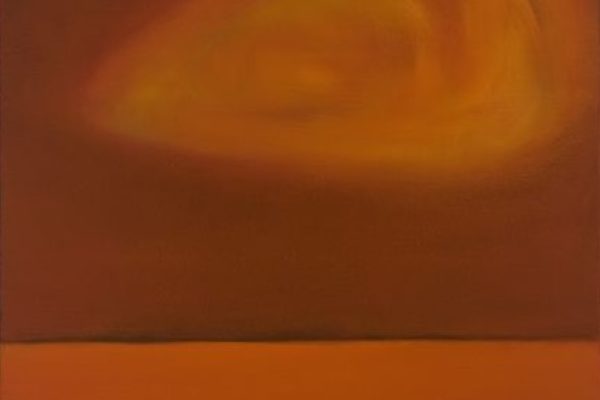 Abstract painting with an orange and yellow cloud shape above a flat orange-red landscape and dark red sky.