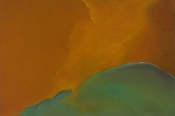 Abstract painting with a blend of orange and green hues, featuring a hazy, cloud-like transition between colors.