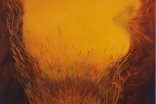 Abstract artwork with a bright yellow-orange background and wispy, feather-like brown shapes at the bottom and sides.