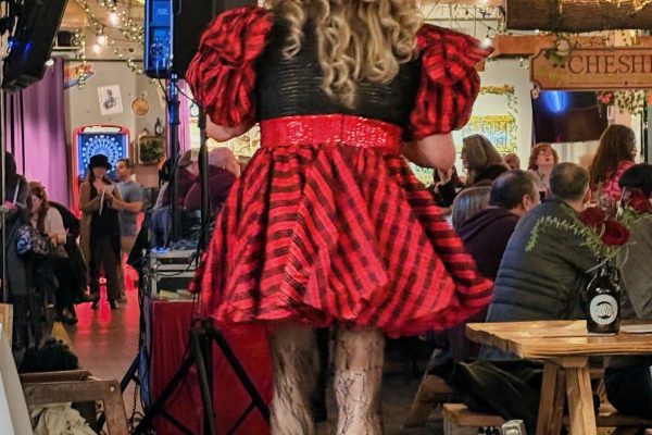 Person in a red and black dress with curly hair performing in a lively, crowded restaurant or bar.