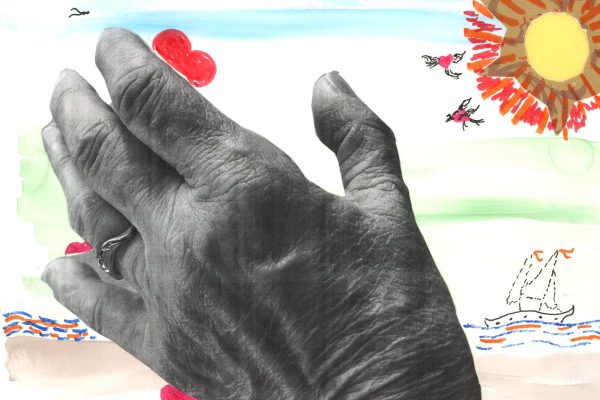 a collage features a hand reaching towards the sun