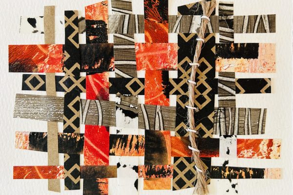 Abstract collage with woven strips of red, black, and brown paper; geometric and textured patterns throughout.