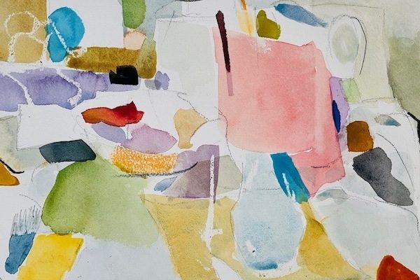 Abstract watercolor painting with colorful shapes and lines in pink, yellow, blue, and green tones on a light background.