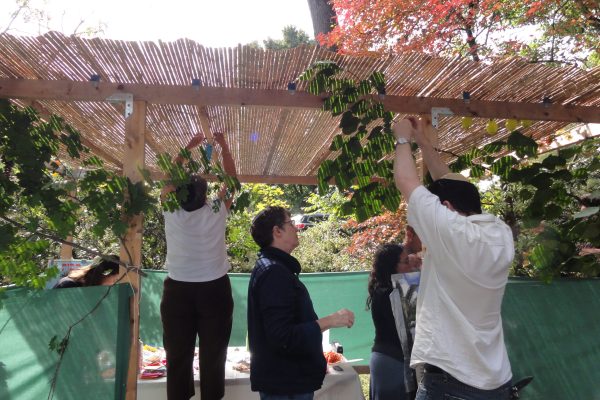 group of people decorating a sukkah