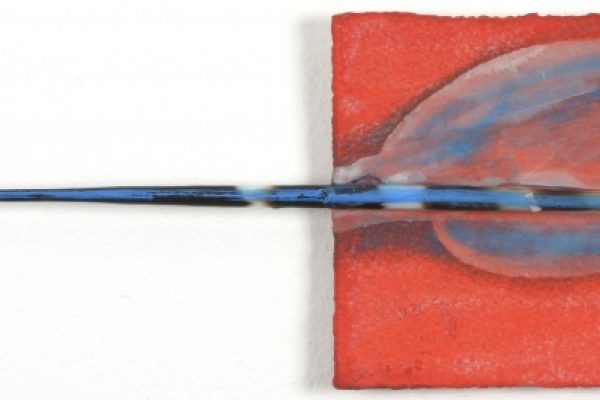 Abstract painting with a sharp blue line and red background featuring subtle curved shapes.