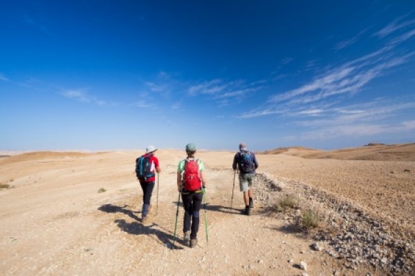 Three hikers with backpacks walk through a sunny, rocky desert landscape under a clear blue sky.