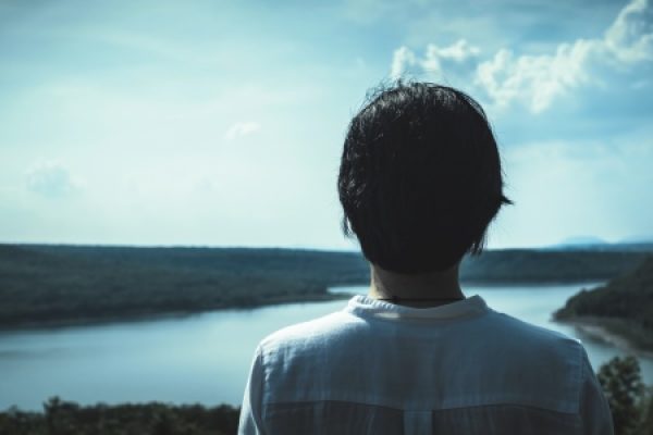 Person with dark hair facing a vast lake and forest under a cloudy sky.