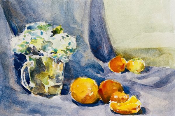 a water color of hydrangeas and fruit