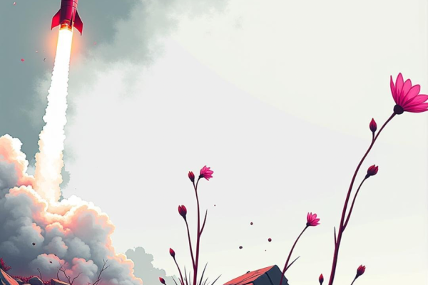 A rocket launches into the sky near blooming pink flowers on cracked ground under a cloudy sky.