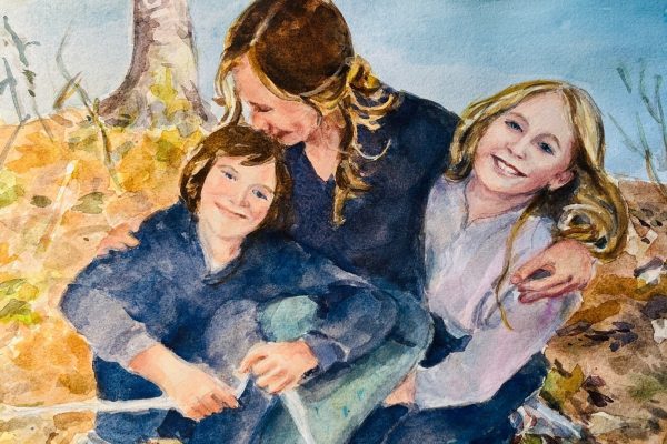 A watercolor painting of three smiling children sitting on autumn leaves near a lake.