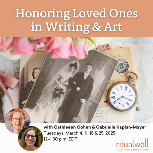 Vintage wedding photo with a watch, flowers, and text about an art event on honoring loved ones.