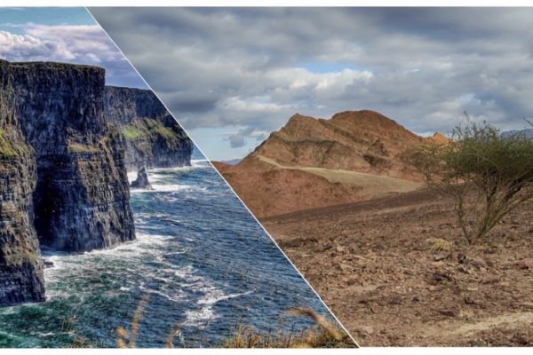 A split image of ocean cliffs and a desert landscape with rocky hills and a lone tree.