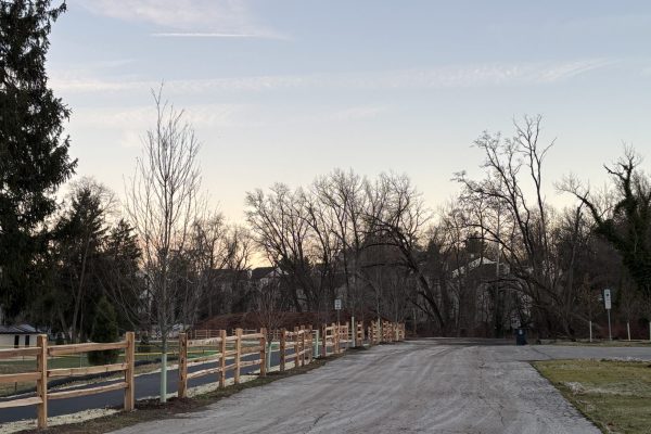 A paved path with a wooden fence curves through a park lined with bare trees at sunset.