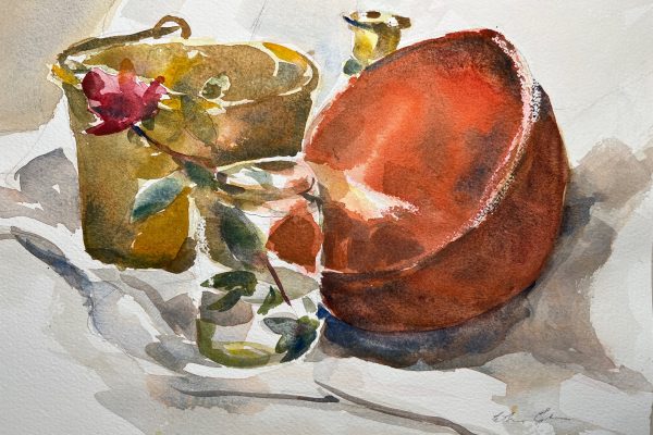 a watercolor still life with a flower in a glass of water in front of a red bowl