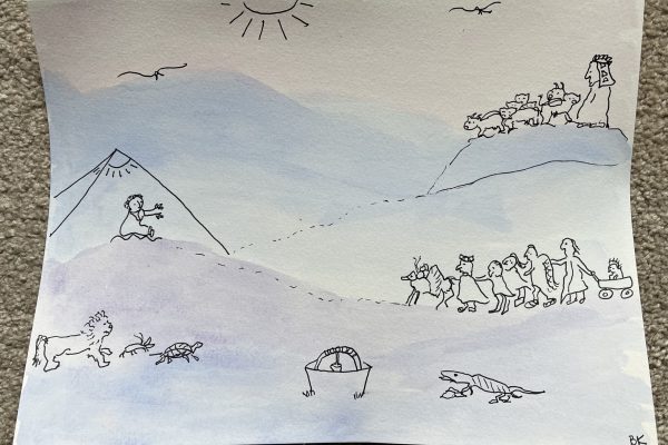 Ink drawing of a landscape with people, animals, and a pyramid. Sun and birds are in the sky.