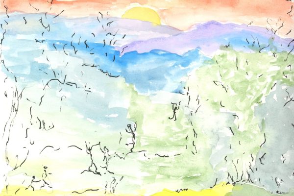 a watercolor featuring a pink, orange and yellow sky