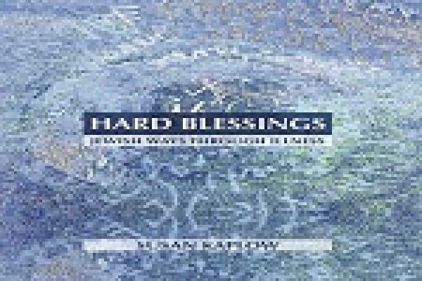 Abstract cover art for Hard Blessings by Susan Kaplow with a textured, swirling blue and gray pattern.
