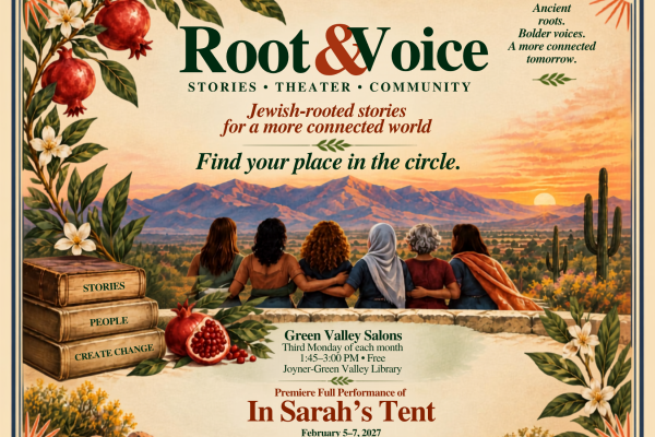 Three people sit under a tree at sunset with pomegranates, event details, and the title Root & Voice..