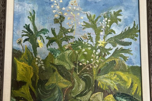 a painting of green plants against a blue sky