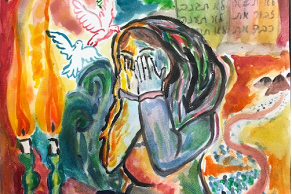 A woman covers her face near candles, with doves, Hebrew text, and colorful abstract shapes around her.