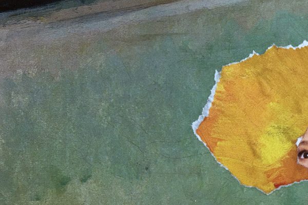 A torn yellow patch reveals a pair of eyes peeking through a muted green painted surface.