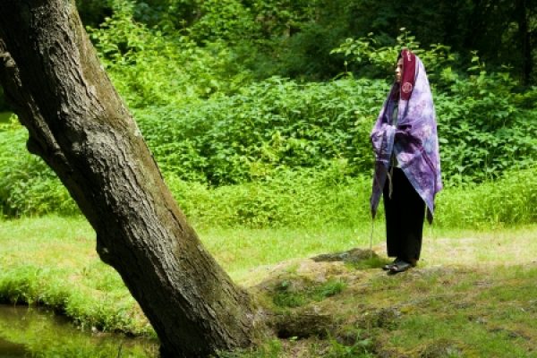 A person wrapped in a colorful fabric stands by a leaning tree near a stream in a lush, green forest.
