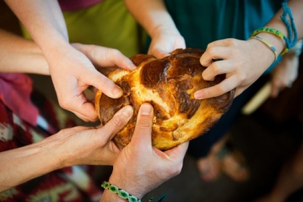 Several hands gather around and pull apart a loaf of braided bread.