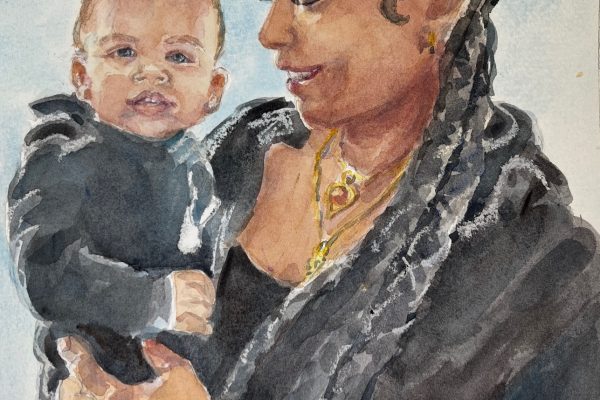 a watercolor of a mother holding her child