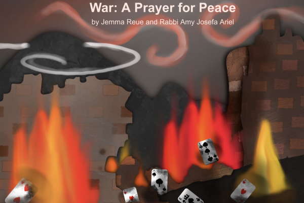 Playing cards fall amid flames and smoke with dark buildings; title text reads, War: A Prayer for Peace..