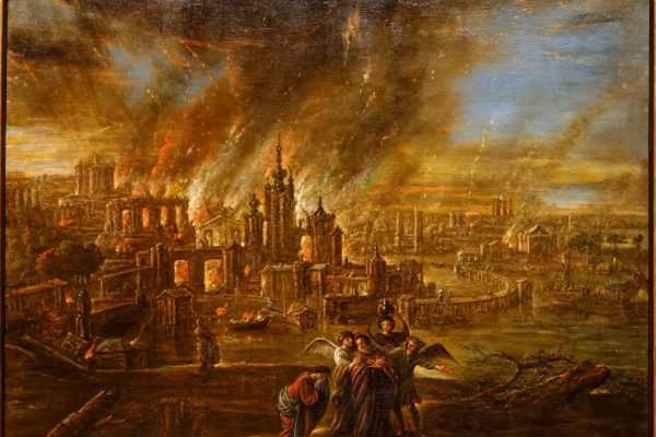 Painting of a burning ancient city with smoke, fire, and people fleeing in the foreground.