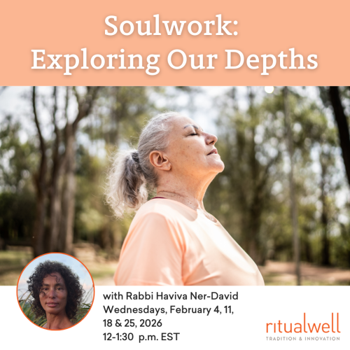 Older woman stands outdoors with eyes closed; event details for Soulwork with Rabbi Haviva Ner-David overlayed.