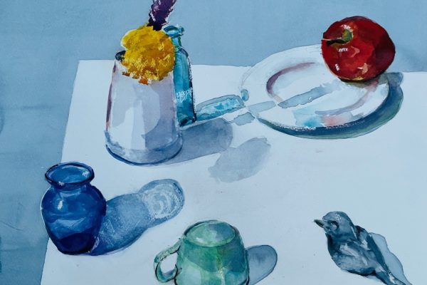 A still life painting of a vase with flowers, a plate with an apple, a blue vase, green cup, and bird figurine.