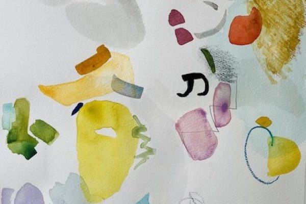 Abstract watercolor painting with colorful, irregular shapes and brushstrokes scattered on white paper.