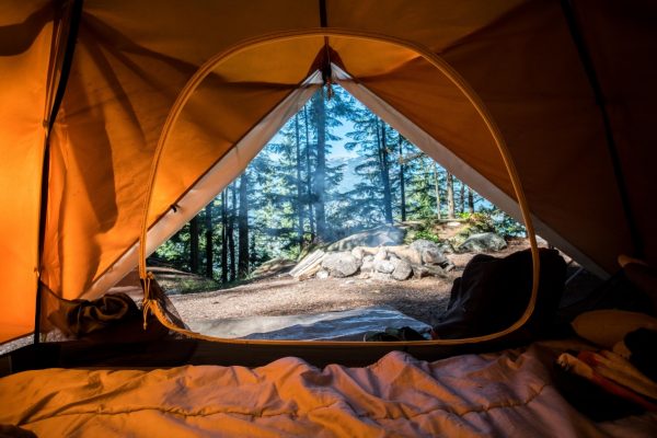 View from inside a tent showing trees, rocks, and a clear sky through the open flap.