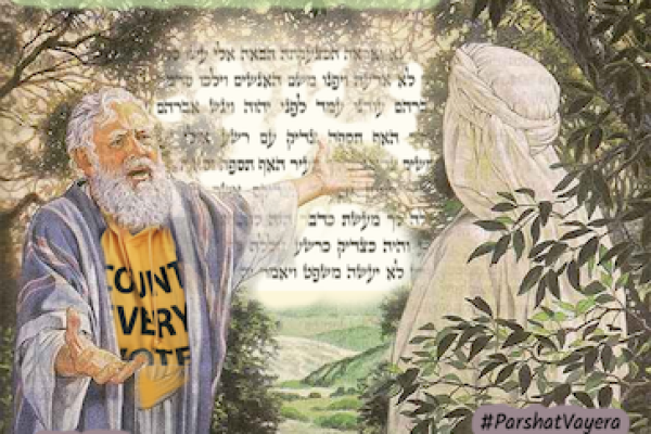 Biblical scene with Abraham and a sign reading COUNT EVERY VOTE, surrounded by foliage, text overlay present.
